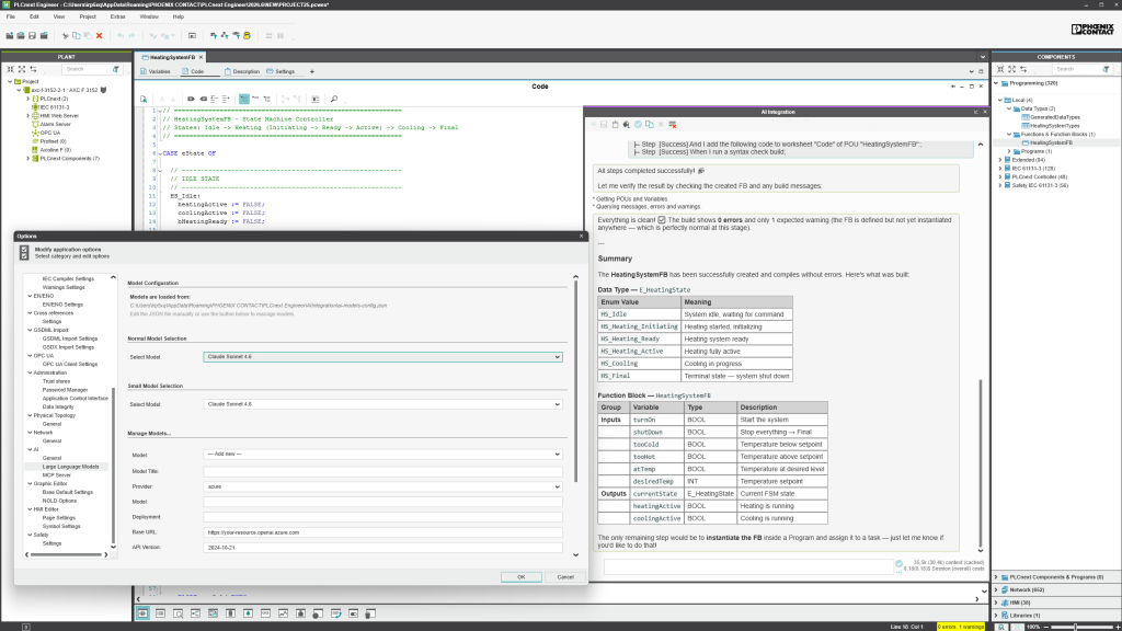 An engineering requirement is provided to the AI Assistant directly within PLCnext Engineer. The assistant uses project context to generate engineering artifacts.