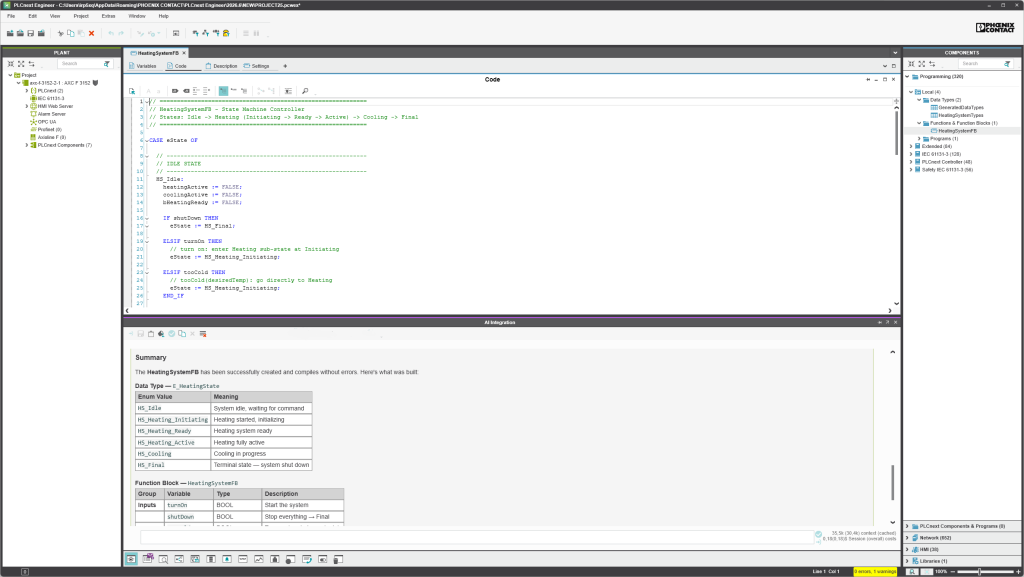 Generated Structured Text code integrated directly into the PLCnext Engineer editor
