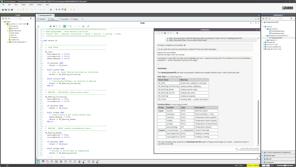 Overview of AI-generated project elements and engineering output after successful code generation