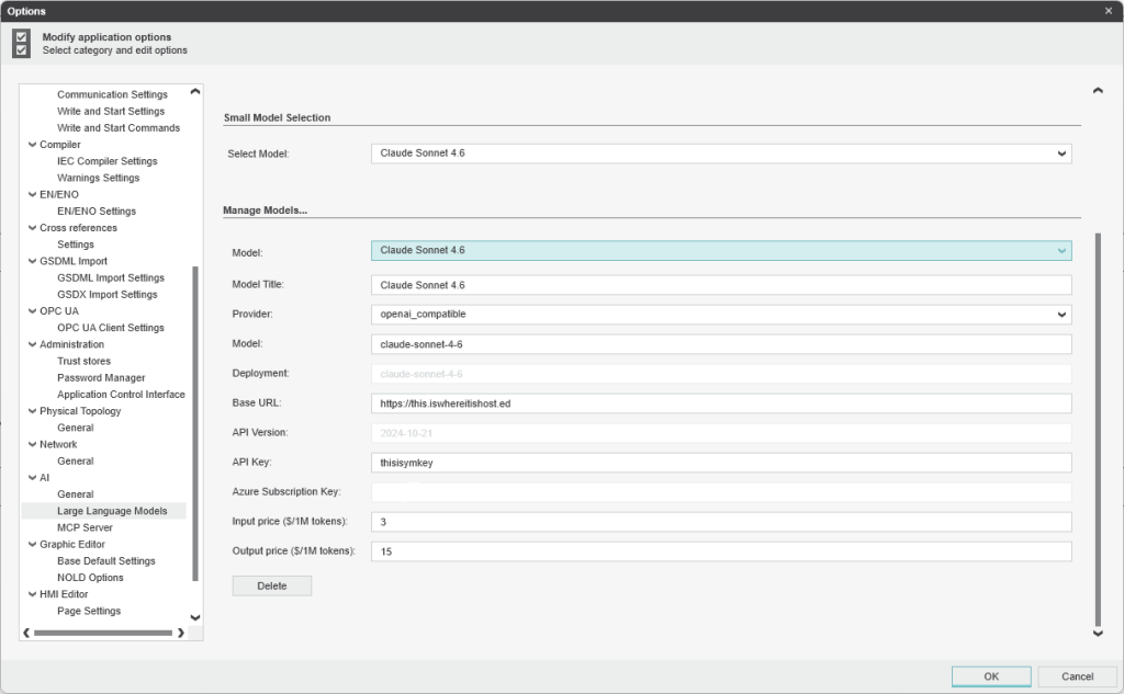 Configuration of the language model connection and selection of the preferred model in PLCnext Engineer