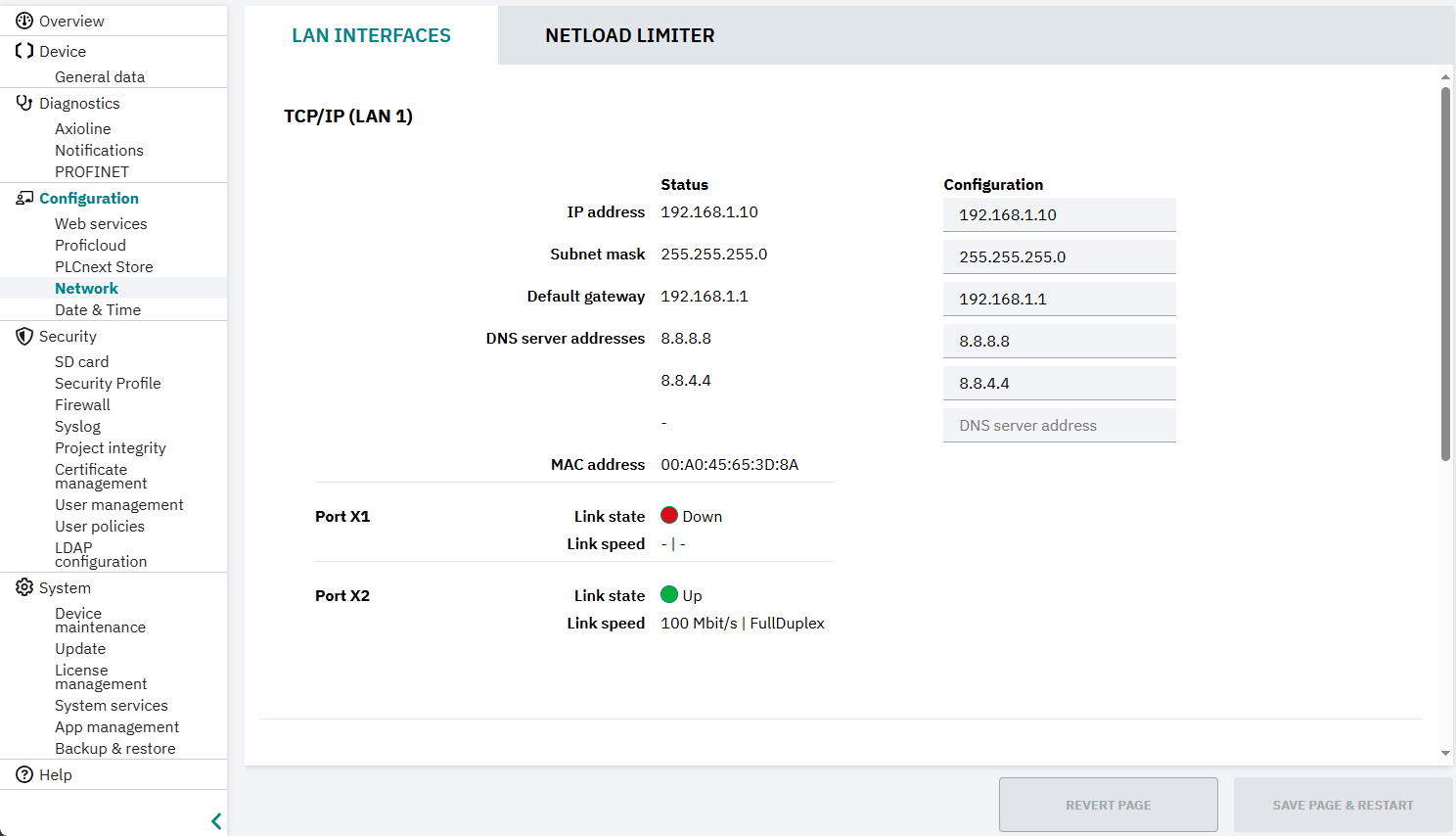 WBM page for network configuration