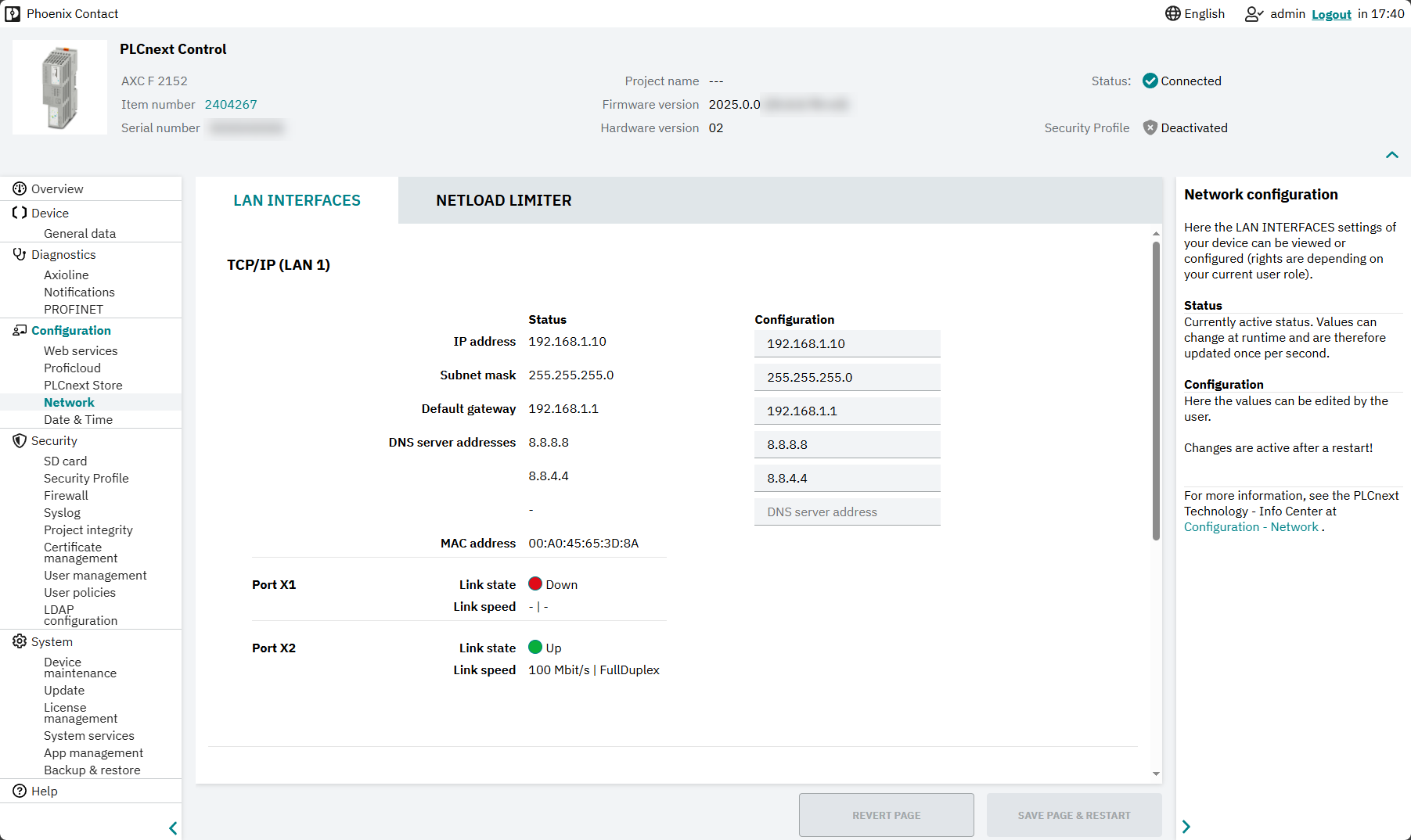 WBM page for network configuration
